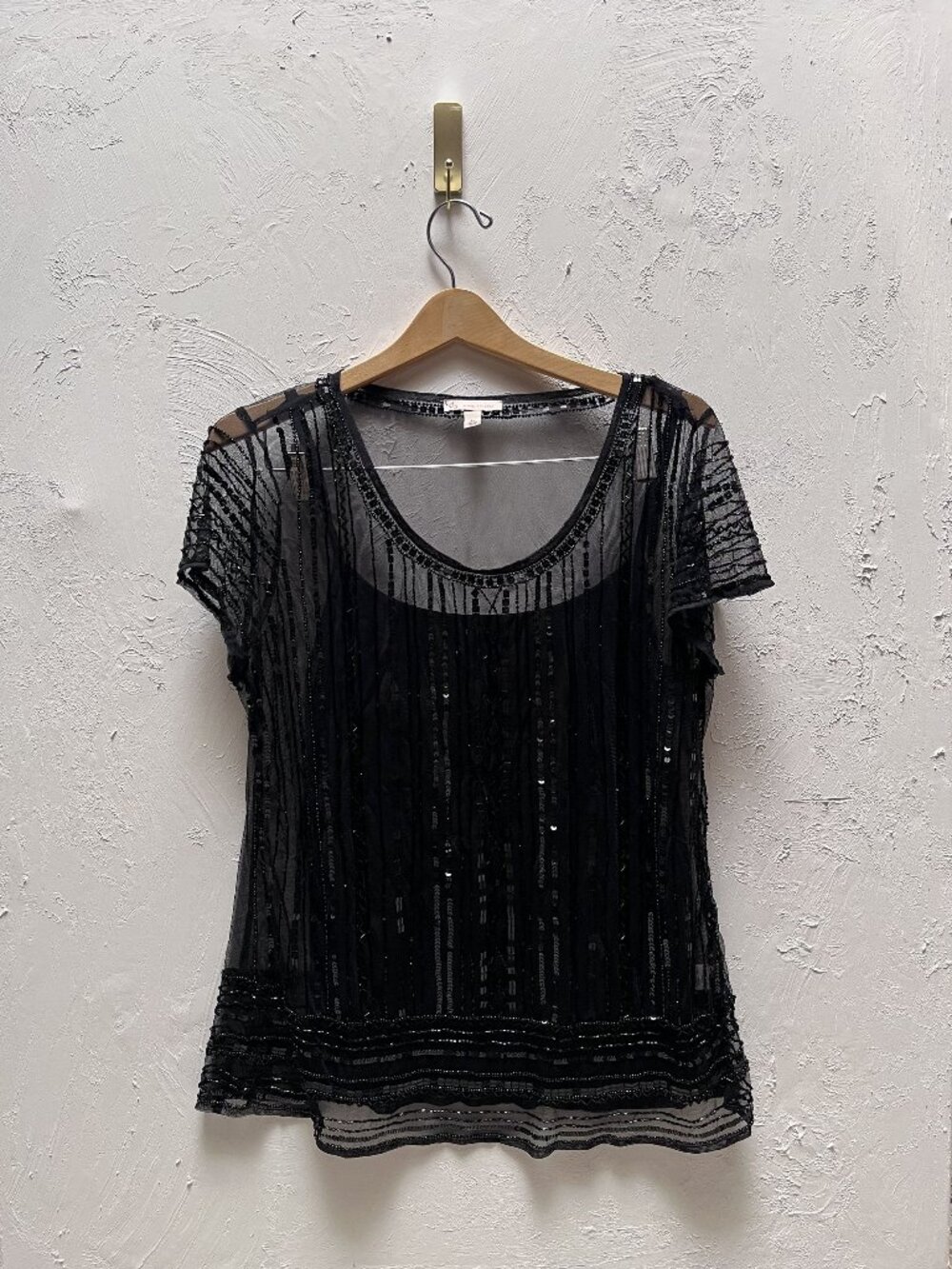 CB Women's Indie Boho Whimsygoth Black Beaded Sheer Short Sleeve Top XL